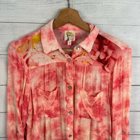 Fig & Flower Anthropologie Womens size Small Boho Coral Crinkle Floral Top - Picture 3 of 10